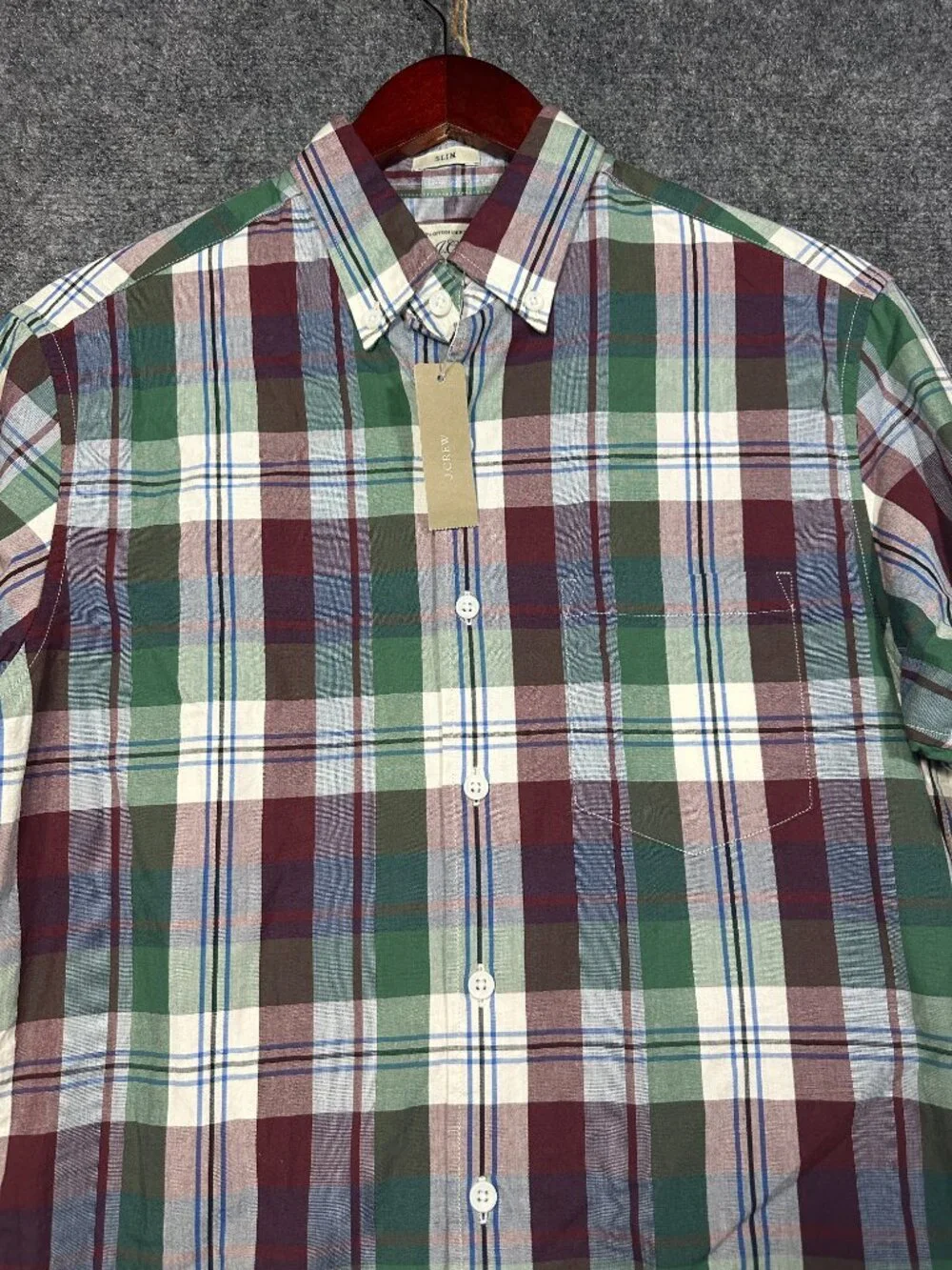 J Crew Shirt Mens Small Slim Fit Button Down Red Green Plaid Cotton Pocket NEW